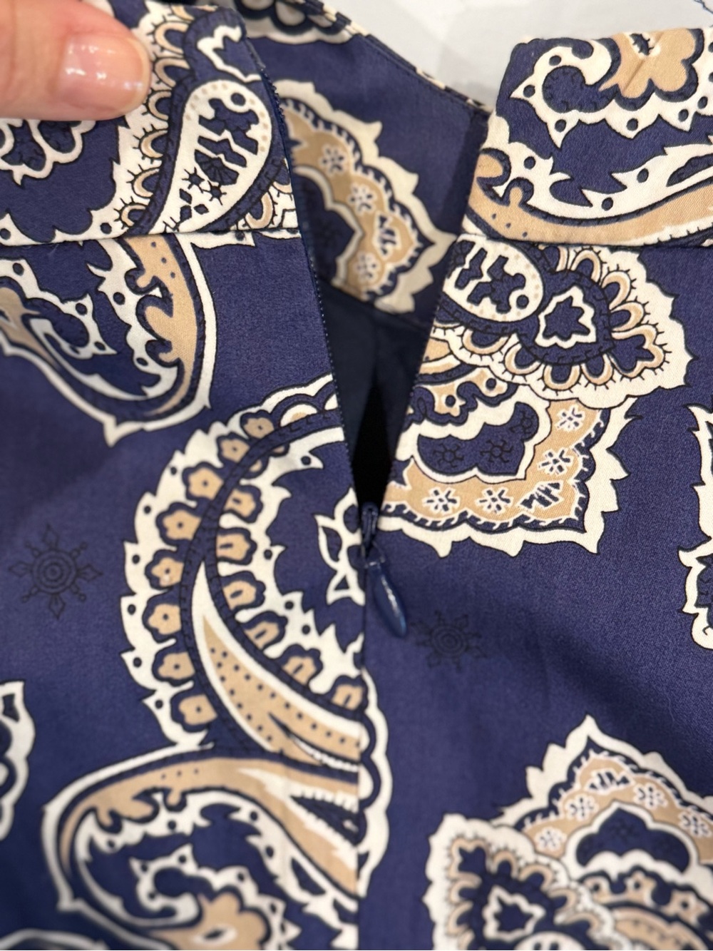 LOFT Petites Paisley Shift Dress 0P Navy Blue Beige Sleeveless Lined - Picture 5 of 8